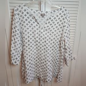 J Jill Top Womens Medium Linen Geometric Lagenlook 3/4 Sleeve Blouse Beach